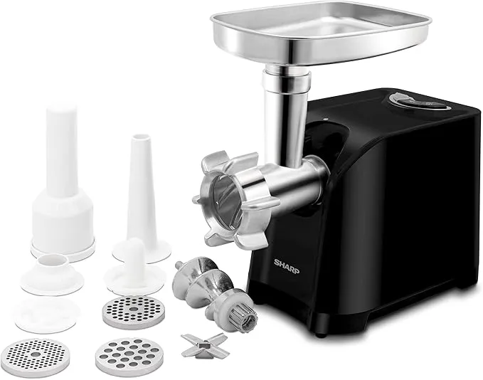 Sharp Meat Grinder – EG-PL41-K3 500W Electric Meat Grinder with Stainless Steel Blade, 3 Cutting Discs, Sausage & Kubbe Maker Attachments, Reverse Function and Stainless Steel Tray