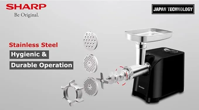 Sharp Meat Grinder – EG-PL41-K3 500W Electric Meat Grinder with Stainless Steel Blade, 3 Cutting Discs, Sausage & Kubbe Maker Attachments, Reverse Function and Stainless Steel Tray
