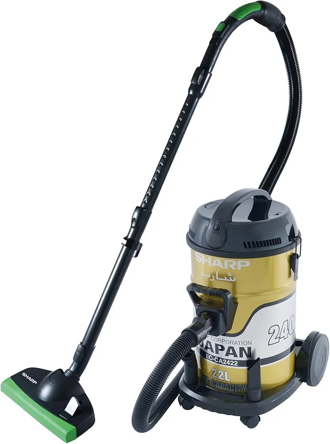 Sharp Vacuum Cleaner – EC-CA2422-Z 22L Heavy Duty Drum Vacuum Cleaner with 2400W Powerful Copper Motor, Metal Telescopic Pipe, SMS Filter, Power Control, 8m Cable & Gold Finish