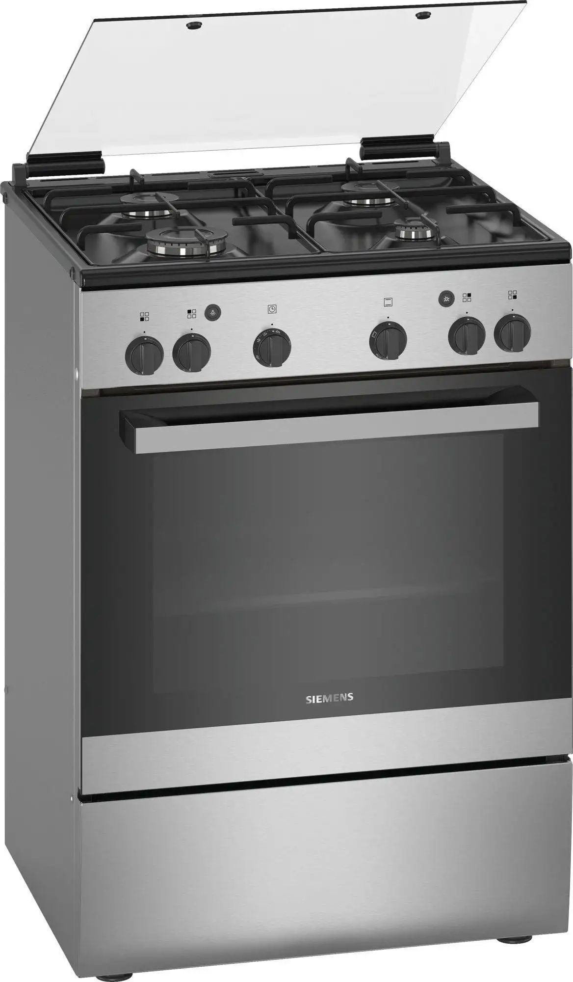 Siemens iQ300 HG2L10B51M Freestanding Gas Cooker, 60 × 60cm, 4 Gas Burners, 71L Gas Oven and Grill, Full Flame-Failure Safety, Cast-Iron Pan Supports, Glass Lid, Stainless Steel