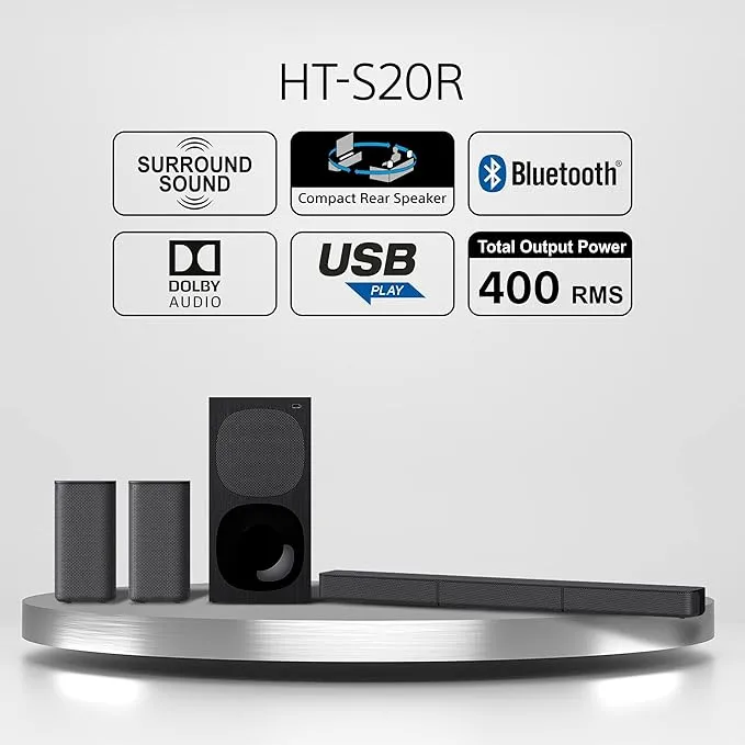 Sony HT-S20R 5.1 Channel Surround Sound Bar with Wired Subwoofer, Bluetooth & Dolby Digital, HT-S20R (Black)