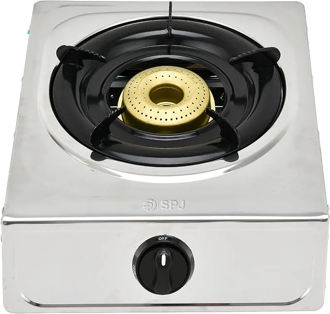 SPJ 1 Burner Tabletop Gas Stove – TTSSX1001 Stainless Steel Single Burner Gas Cooker with 90mm Beehive Burner, Auto Ignition, Black Iron Pan Support & Compact Portable Design