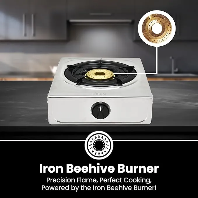 SPJ 1 Burner Tabletop Gas Stove – TTSSX1001 Stainless Steel Single Burner Gas Cooker with 90mm Beehive Burner, Auto Ignition, Black Iron Pan Support & Compact Portable Design