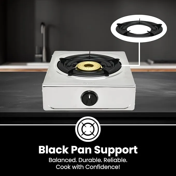 SPJ 1 Burner Tabletop Gas Stove – TTSSX1001 Stainless Steel Single Burner Gas Cooker with 90mm Beehive Burner, Auto Ignition, Black Iron Pan Support & Compact Portable Design 3
