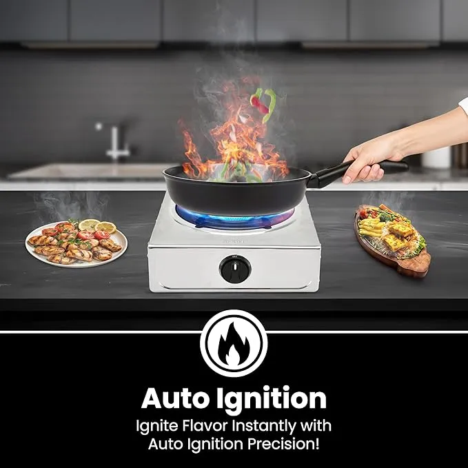 SPJ 1 Burner Tabletop Gas Stove – TTSSX1001 Stainless Steel Single Burner Gas Cooker with 90mm Beehive Burner, Auto Ignition, Black Iron Pan Support & Compact Portable Design 4