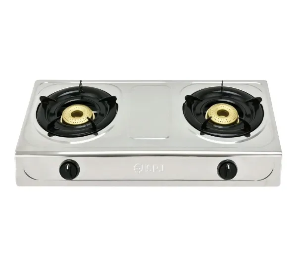 SPJ 2 Burner Tabletop Gas Stove – TTSSX2002 Stainless Steel Gas Cooker with Dual 90mm Burners, Auto Ignition, Black Iron Pan Support & Compact Kitchen Design