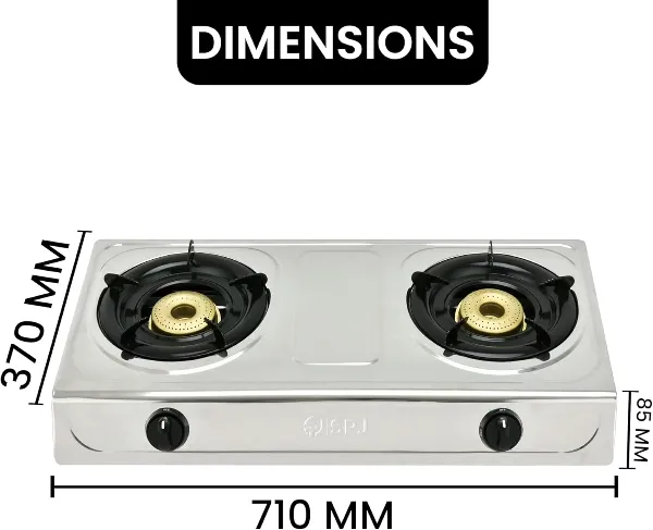 SPJ 2 Burner Tabletop Gas Stove – TTSSX2002 Stainless Steel Gas Cooker with Dual 90mm Burners, Auto Ignition, Black Iron Pan Support & Compact Kitchen Design