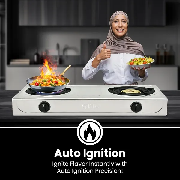 SPJ 2 Burner Tabletop Gas Stove – TTSSX2002 Stainless Steel Gas Cooker with Dual 90mm Burners, Auto Ignition, Black Iron Pan Support & Compact Kitchen Design 3