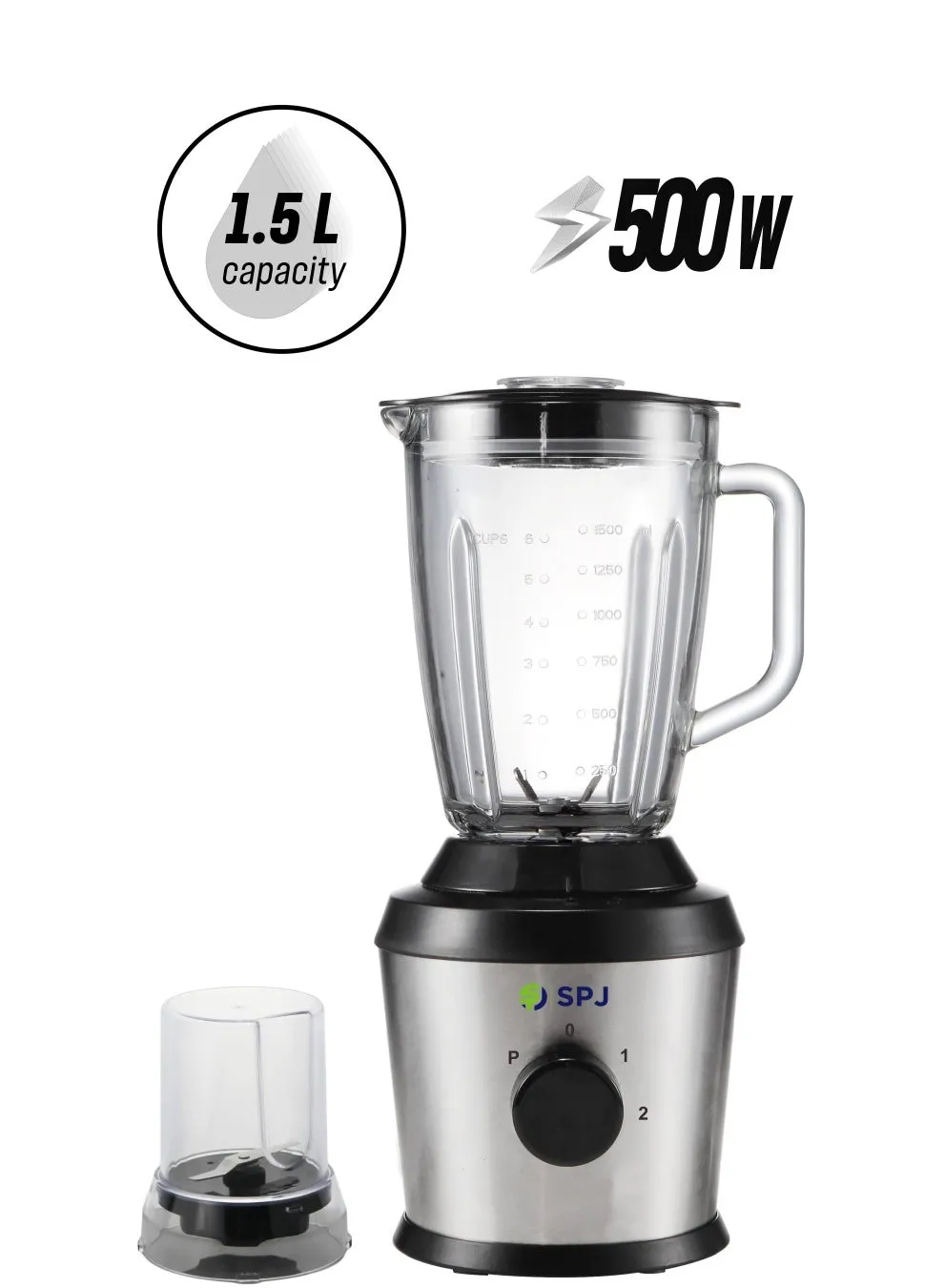 SPJ Blender – BDINU-15L06 500W Blender with 1.5L Glass Jar, Stainless Steel Blade, Powerful Motor, Pulse Function, Safety Lock System & Inox Finish