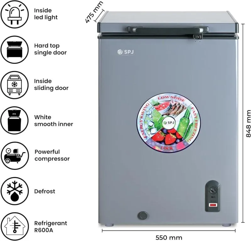 SPJ Chest Freezer – POSH-SLW130C 95L Single Door Hard Top Deep Freezer with Powerful Compressor, R600a Refrigerant, Inside LED Light, Sliding Inner Door, Mechanical Temperature Control & Grey Finish