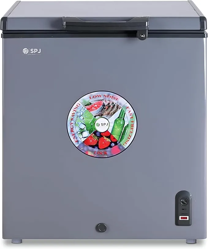 SPJ Chest Freezer – POSH-SLW210C 150L Single Door Hard Top Deep Freezer with Powerful Compressor, R600a Refrigerant, Inside LED Light, Sliding Inner Door, Lock & Key and Grey Finish