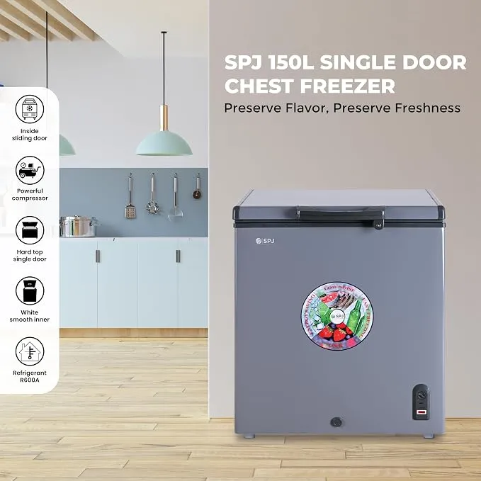 SPJ Chest Freezer – POSH-SLW210C 150L Single Door Hard Top Deep Freezer with Powerful Compressor, R600a Refrigerant, Inside LED Light, Sliding Inner Door, Lock & Key and Grey Finish