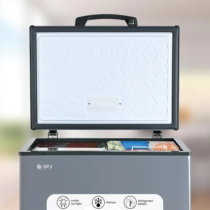 SPJ Chest Freezer – POSH-SLW210C 150L Single Door Hard Top Deep Freezer with Powerful Compressor, R600a Refrigerant, Inside LED Light, Sliding Inner Door, Lock & Key and Grey Finish 3