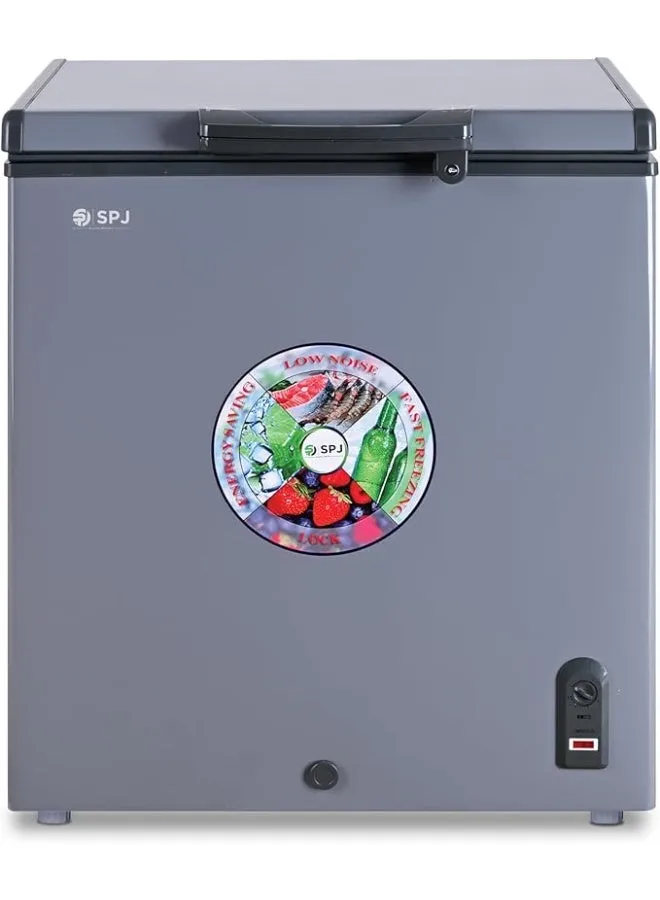 SPJ Chest Freezer – POSH-SLW295C 200L Single Door Hard Top Deep Freezer with Powerful Compressor, R600a Refrigerant, Inside LED Light, Sliding Inner Door, Lock & Key, Smooth Inner Liner & Grey Finish