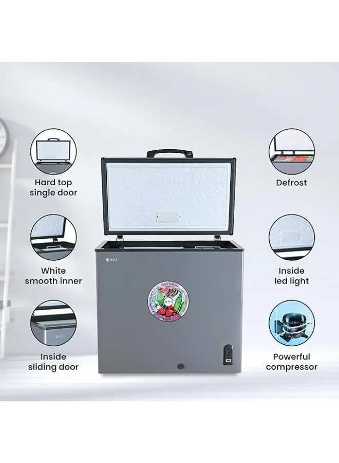 SPJ Chest Freezer – POSH-SLW295C 200L Single Door Hard Top Deep Freezer with Powerful Compressor, R600a Refrigerant, Inside LED Light, Sliding Inner Door, Lock & Key, Smooth Inner Liner & Grey Finish