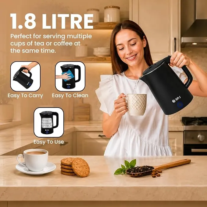 SPJ Electric Kettle – EKX-SS18L05 2L Stainless Steel Electric Kettle with 304 Stainless Steel Body, Auto Power Cut Off, Copper Inside Wiring, 304 SS Heating Element & Compact Design