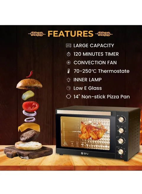 SPJ Electric Oven – EOW-BR100L02 100L Electric Oven with 2800W Power, Convection Cooking, 360° Motorized Rotisserie, 7 Power Levels, Adjustable Temperature 70–250°C, 120-Minute Timer, Inner Lamp & Brown Finish 3