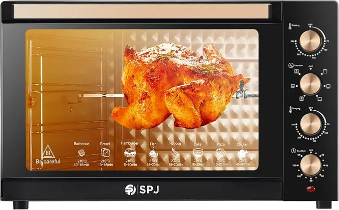 SPJ Electric Oven – EOW-BR80L01 80L Electric Oven with 2400W Power, Convection Baking, 360° Motorized Rotisserie, Grill Function, 7 Power Levels, Adjustable Temperature 70–250°C, 120-Minute Timer & Black/Brown Finish