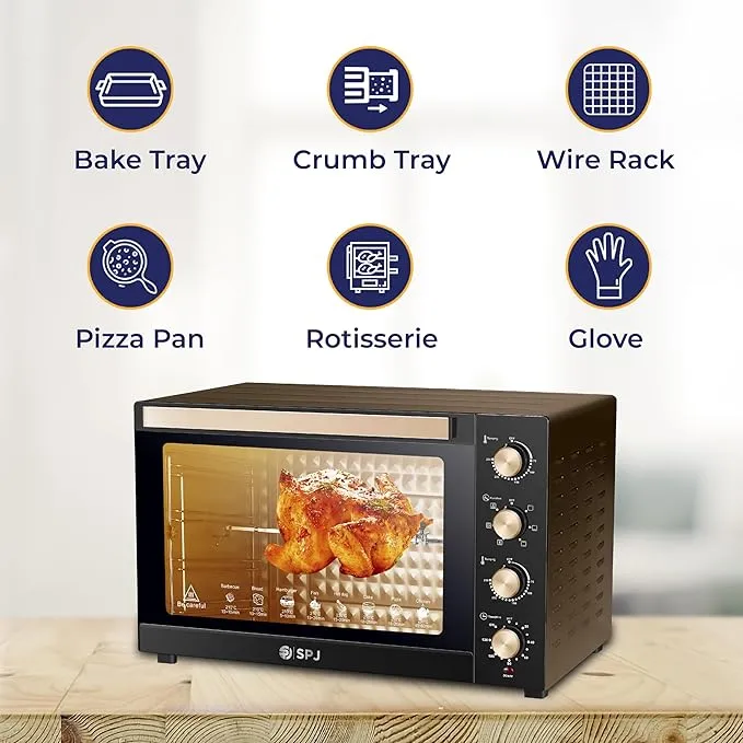 SPJ Electric Oven – EOW-BR80L01 80L Electric Oven with 2400W Power, Convection Baking, 360° Motorized Rotisserie, Grill Function, 7 Power Levels, Adjustable Temperature 70–250°C, 120-Minute Timer & Black/Brown Finish