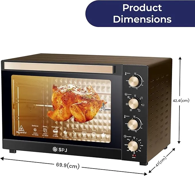 SPJ Electric Oven – EOW-BR80L01 80L Electric Oven with 2400W Power, Convection Baking, 360° Motorized Rotisserie, Grill Function, 7 Power Levels, Adjustable Temperature 70–250°C, 120-Minute Timer & Black/Brown Finish 3
