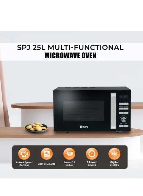 SPJ Microwave Oven – MWBLU-25L004 25L Digital Solo Microwave Oven with 900W Output, 6 Power Levels, Auto & Speed Defrost, Digital Display, Timer & Black Finish