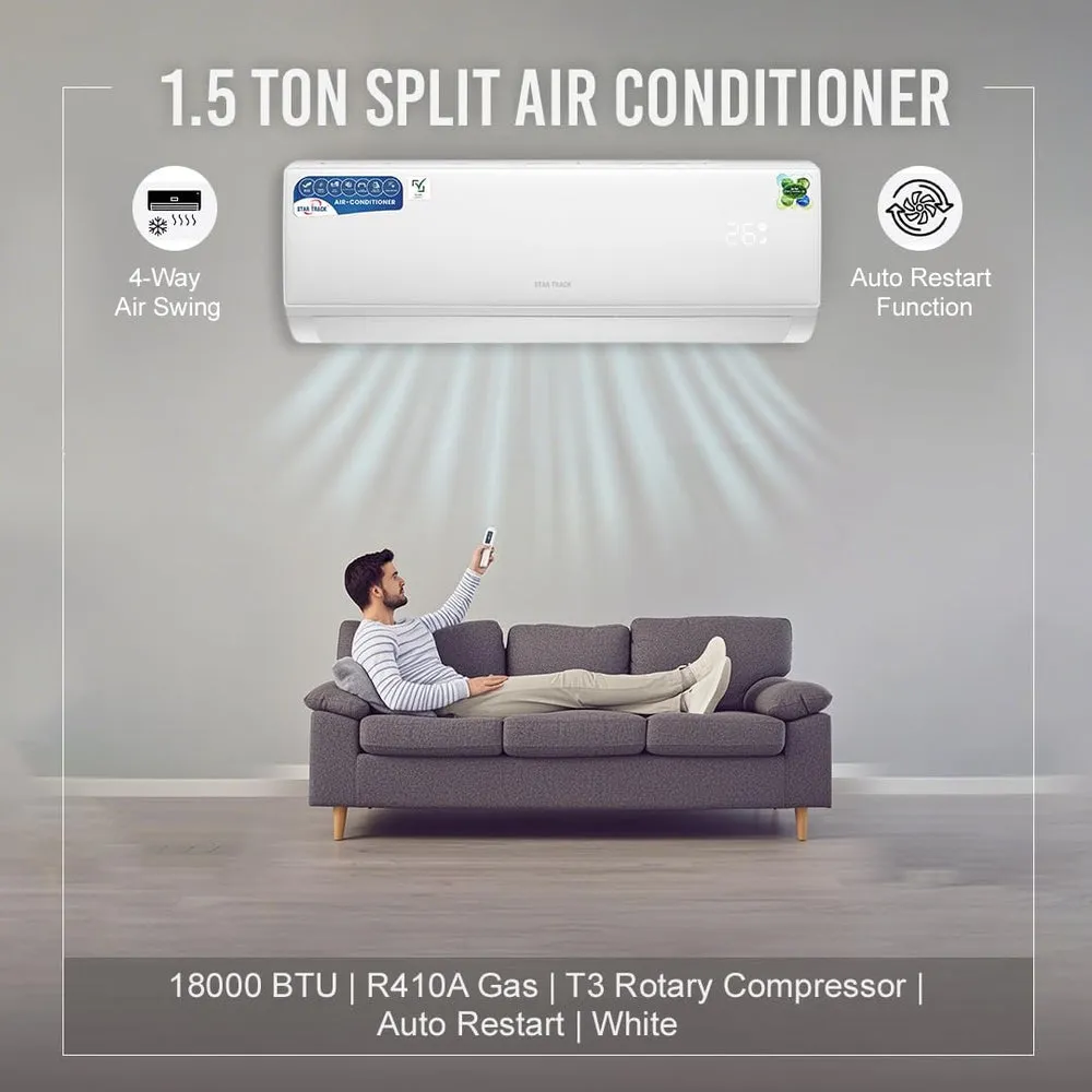 Star Track 1.5 Ton TCO T3 Split Air Conditioner – AC-ST-18000BTU 18000 BTU Cooling System with T3 Rotary Compressor, R410A Refrigerant, 100% Copper Tubing, Gold Fin Technology, Auto Restart & 4-Way Airflow