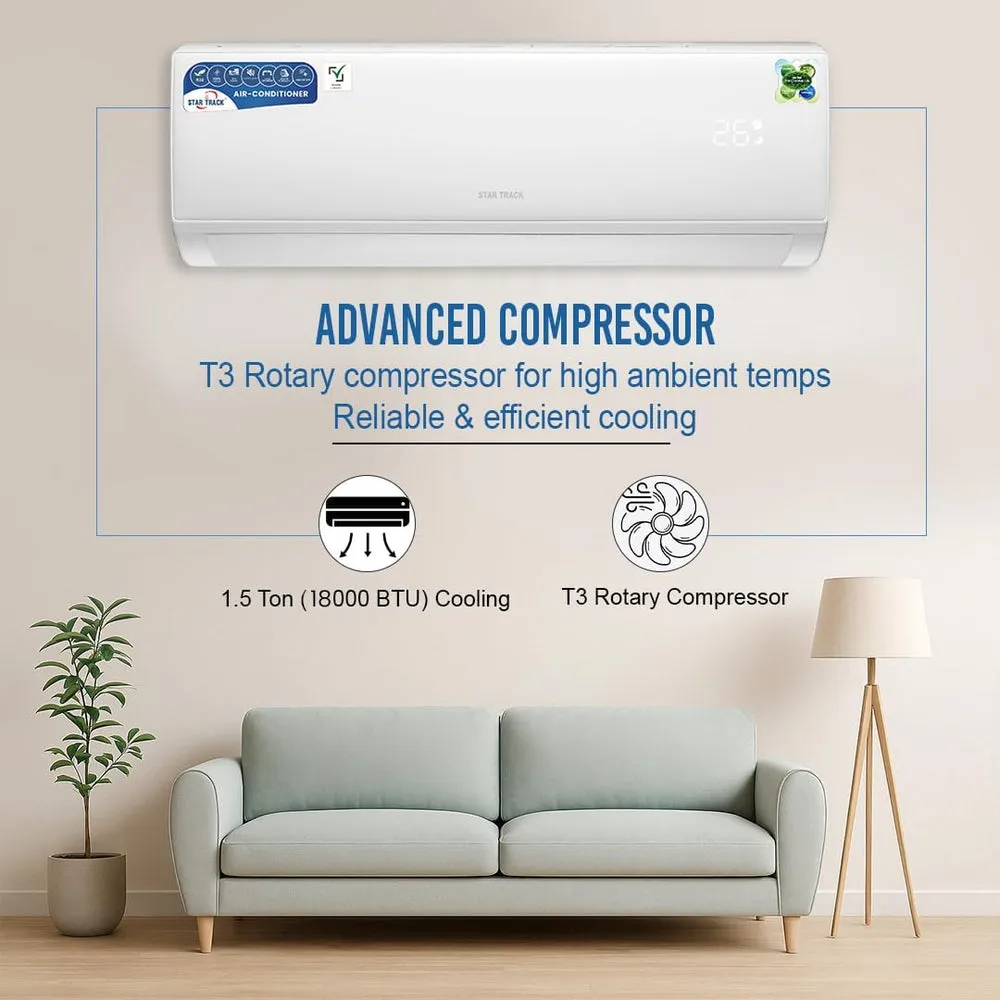 Star Track 1.5 Ton TCO T3 Split Air Conditioner – AC-ST-18000BTU 18000 BTU Cooling System with T3 Rotary Compressor, R410A Refrigerant, 100% Copper Tubing, Gold Fin Technology, Auto Restart & 4-Way Airflow 3