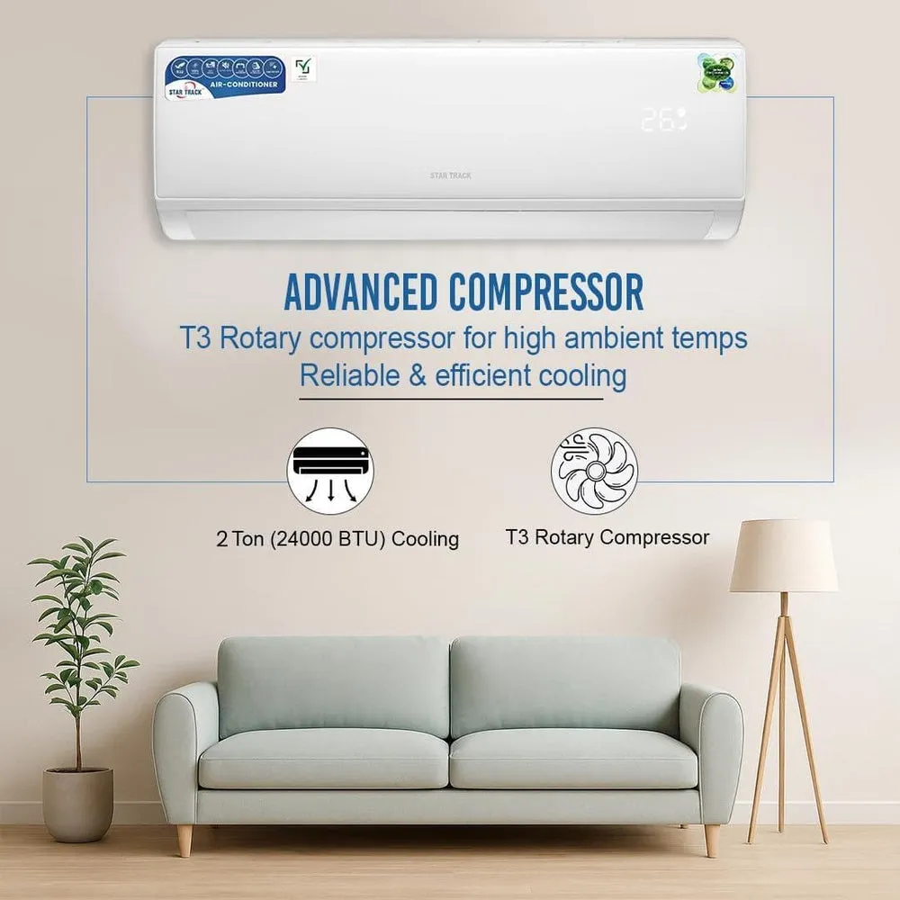 Star Track 2.0 Ton A20 T3 Split Air Conditioner – AC-ST-24000BTU-P4 24000 BTU Cooling System with T3 Rotary Compressor, R410A Refrigerant, Copper Condenser, Auto Restart, 4-Way Swing & Energy Efficient Operation