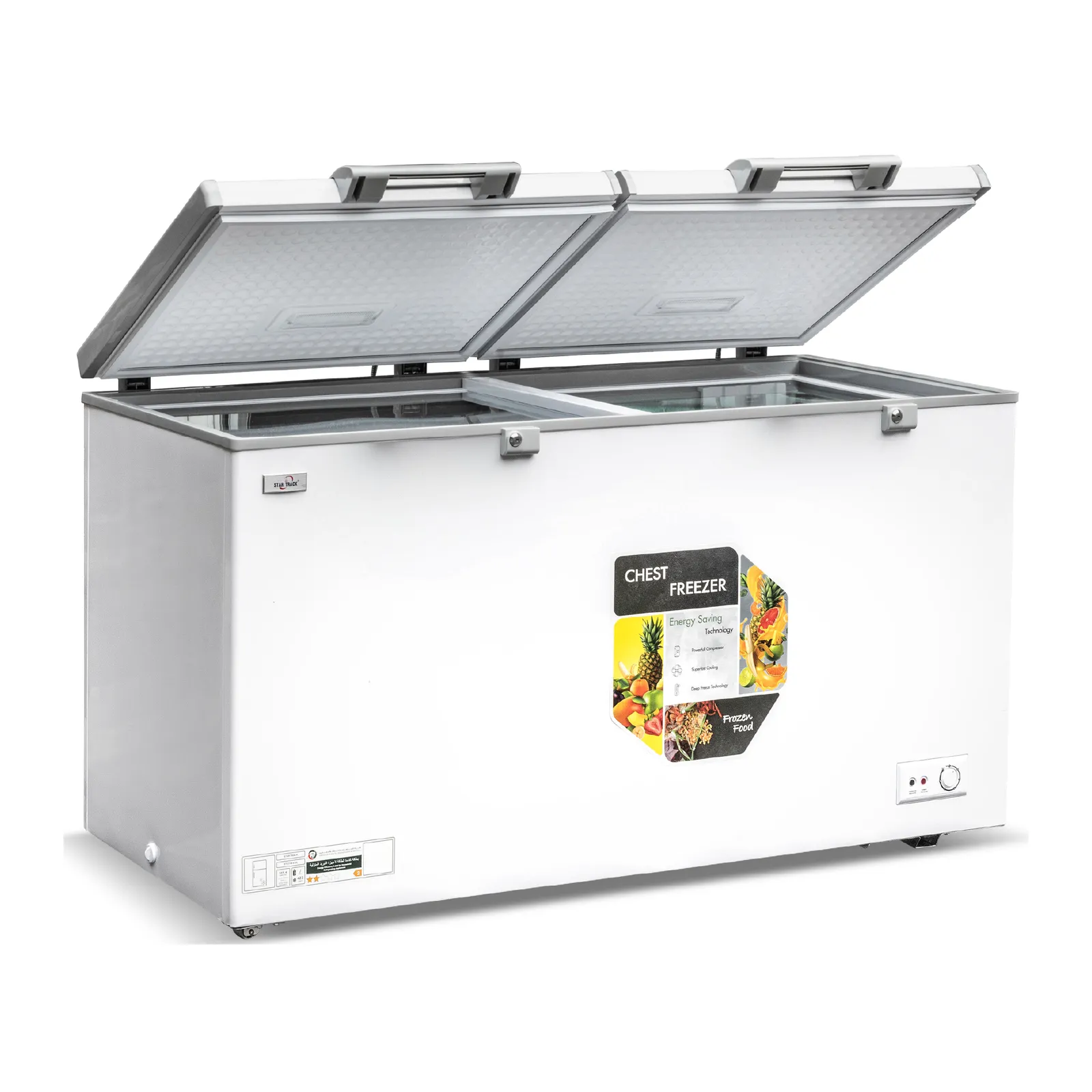 Star Track 423L Double Door Chest Freezer – White – STCFW475L 475L Gross Capacity Deep Freezer with Anti-Scratch Cabinet, Manual Defrost, LED Light, Storage Basket, Lock & Energy Efficient Cooling