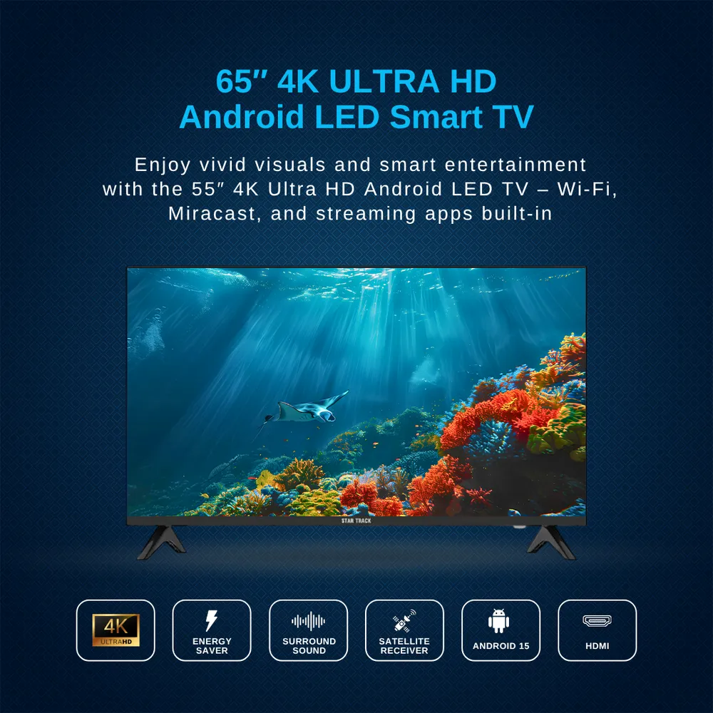 Star Track 65 Inch Smart LED Television – ST65KSY2200 4K Ultra HD Smart TV with Android Smart Platform, HDR Support, Bezel-Less Design, WiFi, Bluetooth, Netflix, YouTube & Digital Receiver