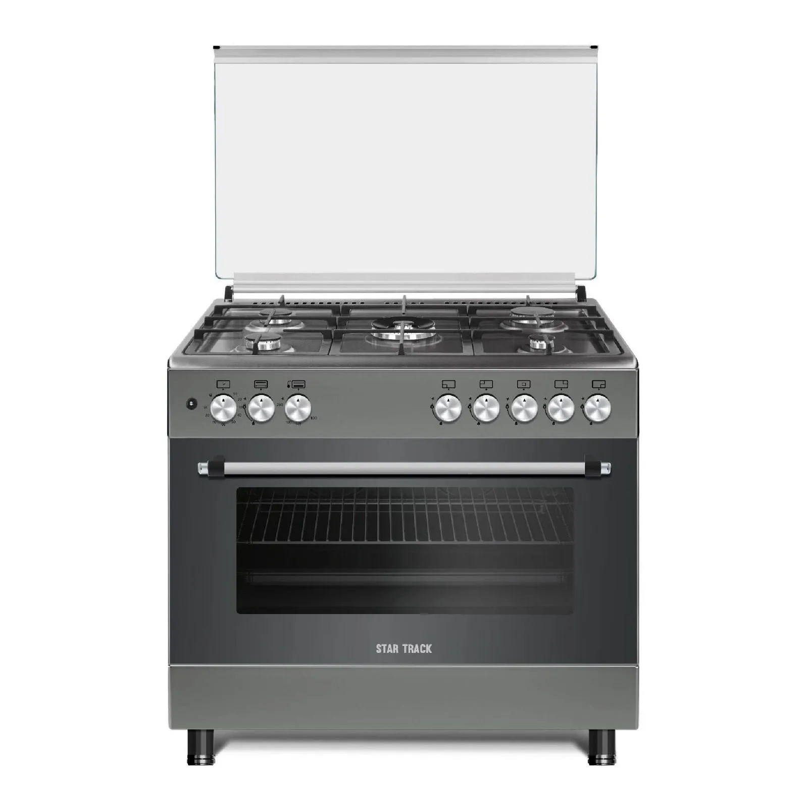 Star Track 90×60 Gas Cooker – SGKL9060G 5 Burner Freestanding Gas Cooker with Gas Oven, Rotisserie, Full Safety System, Sabaf Burners, Auto Ignition, Thermostat Control & Grey Finish