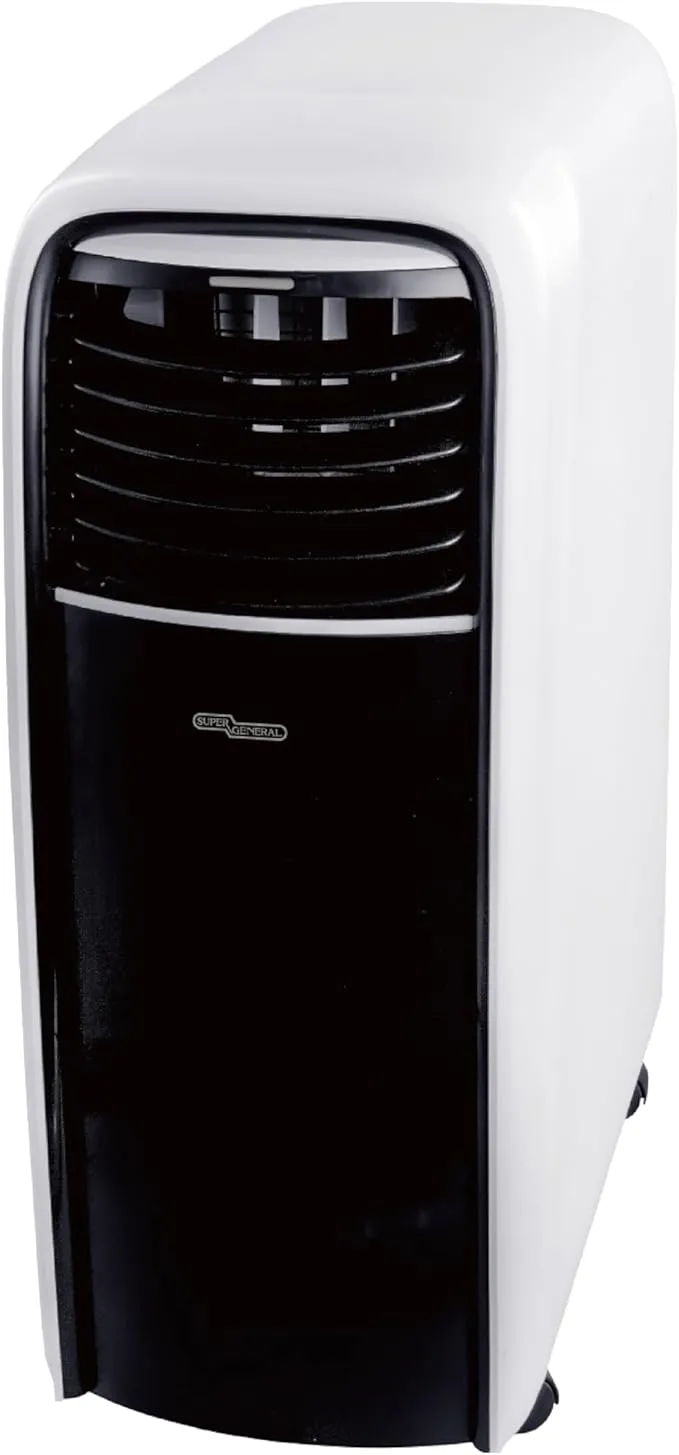 Super General 1.0 Ton (12000 BTU) Portable Air Conditioner With Rotary Compressor, T3 Climate, R410A Refrigerant, 3-in-1 Cooling, Dehumidifier & Fan Mode, Sleep Mode, 3 Fan Speeds, No Drip Technology, Water Self Evaporation, 24 Hour Timer & Remote Control SGP124T3 White-Black