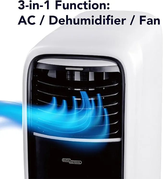 Super General 1.0 Ton (12000 BTU) Portable Air Conditioner With Rotary Compressor, T3 Climate, R410A Refrigerant, 3-in-1 Cooling, Dehumidifier & Fan Mode, Sleep Mode, 3 Fan Speeds, No Drip Technology, Water Self Evaporation, 24 Hour Timer & Remote Control SGP124T3 White-Black 3