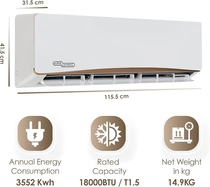 Super General 1.5 Ton (20000 BTU) Piston Split Air Conditioner With Reciprocating Compressor, T3 Climate, R410A Refrigerant, 4 Way Swing, Jet Cooling, Gold Fin, Auto Leakage Detection, Follow Me Function, Self Clean, High Density Filter & Hidden Display SGS191CN White 2