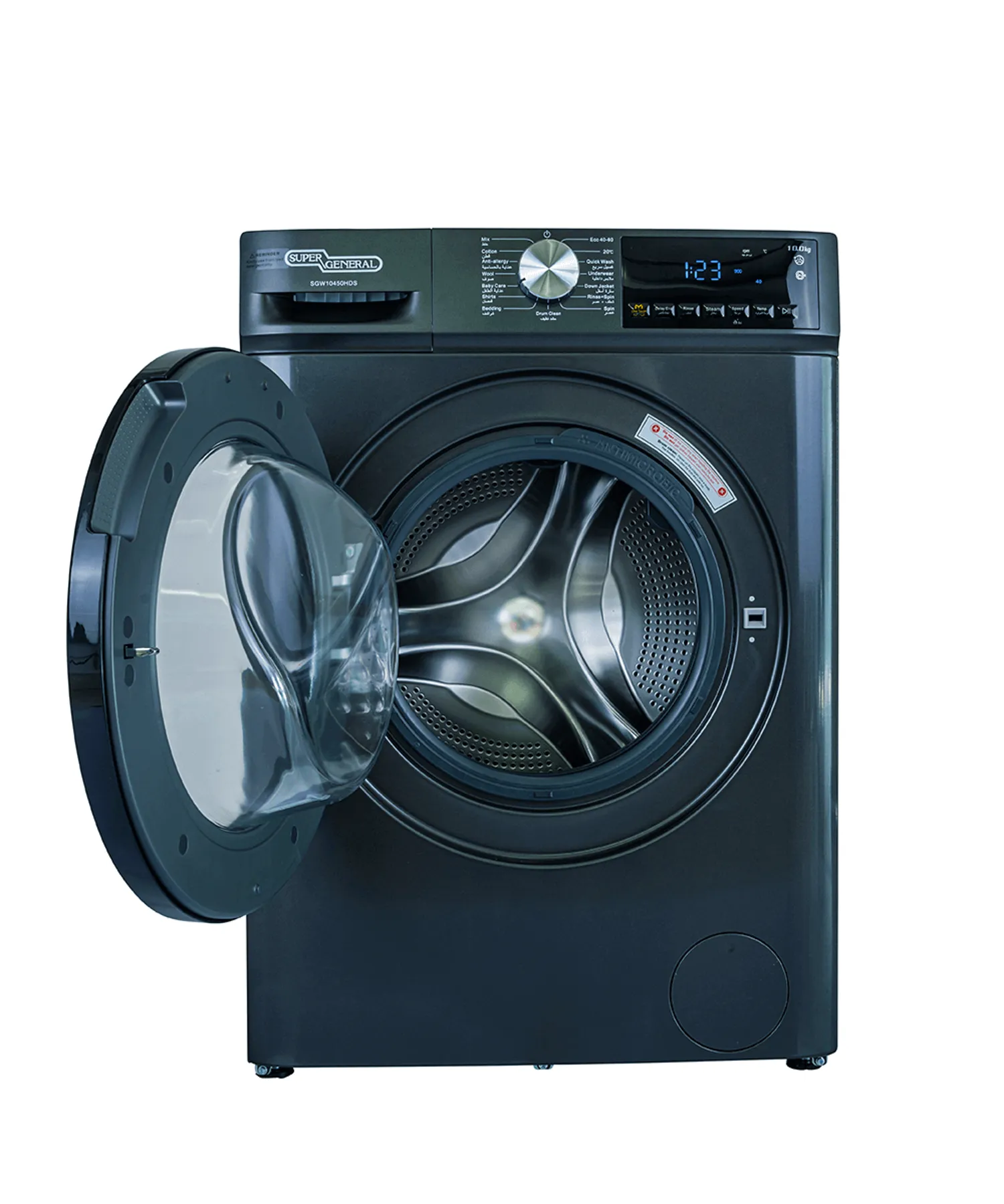 Super General 10KG Front Load Fully Automatic Washing Machine With 1400 RPM, 15 Wash Programs, LED Display, Built-In Heater, One Touch Wash & Quick Wash SGW10450HDS Grey