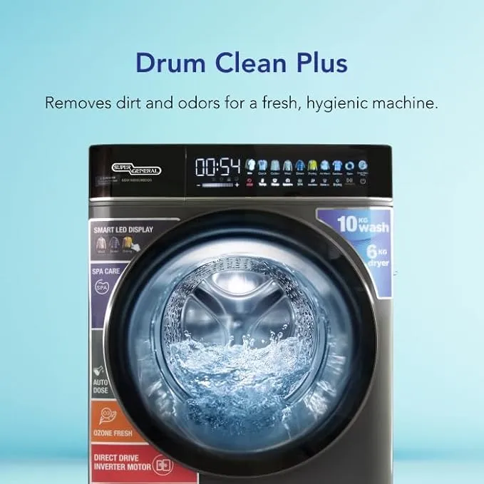 Super General 10KG Front Load Washer & 6KG Dryer Combo With Direct Drive Inverter Motor, 1400 RPM, 20 Programs, Steam Sterilization, Auto Dose, Air Wash & Smart LED Touch Display SGW10650CMBDDS Black