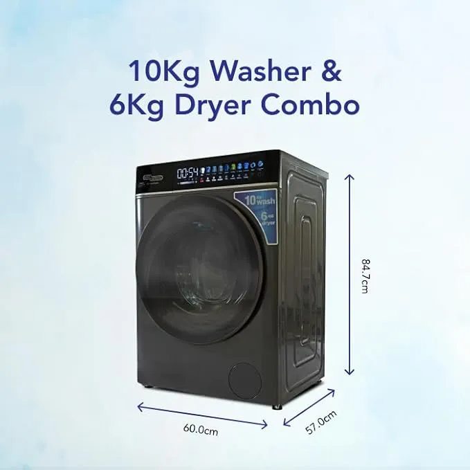 Super General 10KG Front Load Washer & 6KG Dryer Combo With Direct Drive Inverter Motor, 1400 RPM, 20 Programs, Steam Sterilization, Auto Dose, Air Wash & Smart LED Touch Display SGW10650CMBDDS Black 3