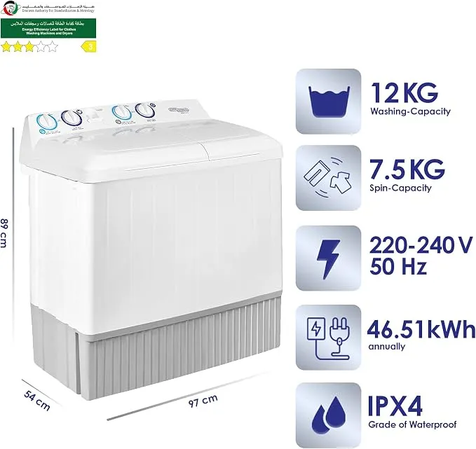 Super General 12KG Twin Tub Semi Automatic Washing Machine With Pulsator, Spin Dry Function, Large Wash & Spin Tub, Lint Filter, Energy Saving & Rust Proof Plastic Body SGW1212 White 2