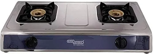 Super General 2 Burner Table Top Gas Stove With Stainless Steel Body, Brass Burner Caps, Auto Ignition & Rubber Legs SGB02SS Silver