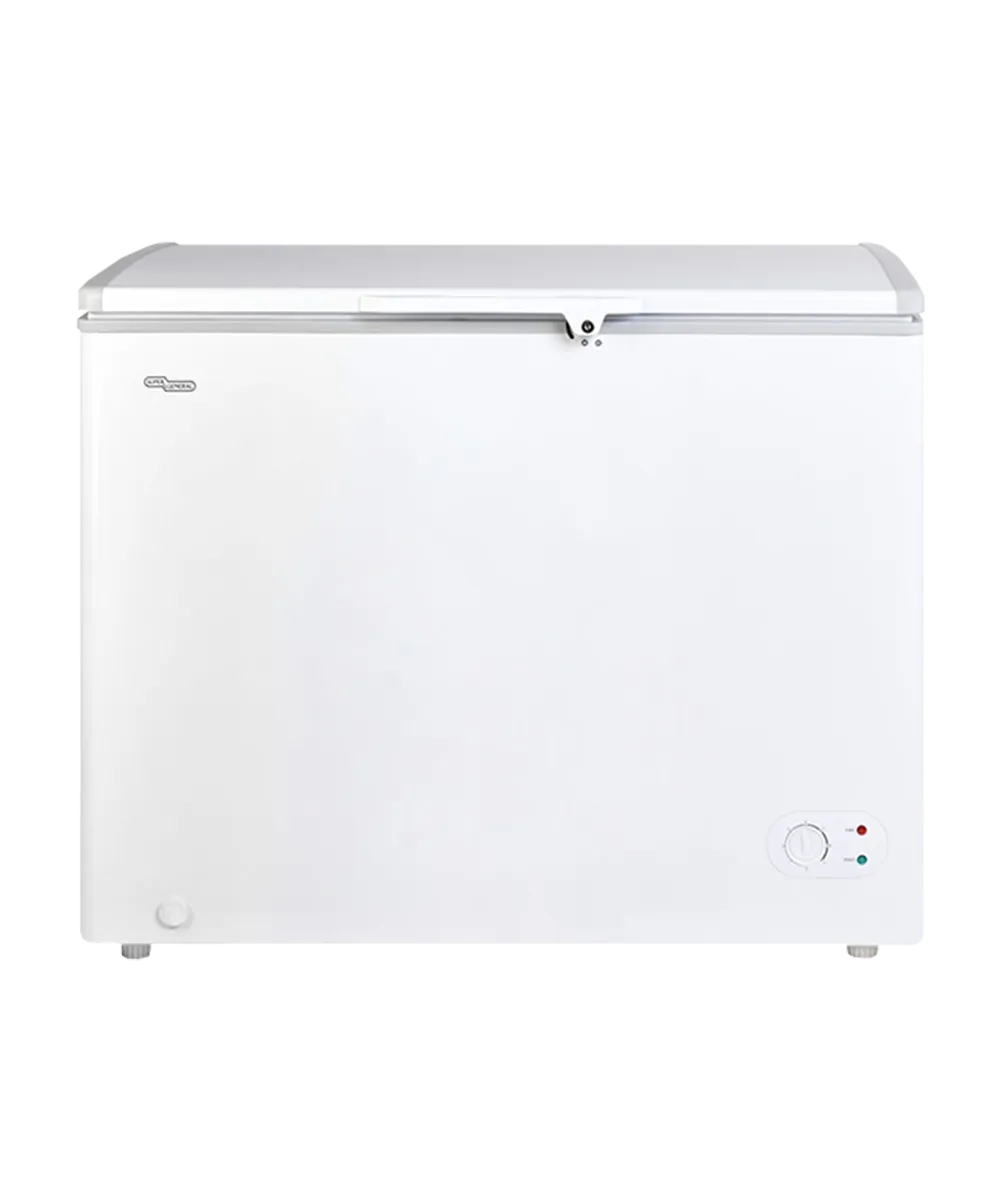 Super General 250L Chest Freezer – SGF244HE Single Door Deep Freezer with Aluminum Lining, R134a Refrigerant, Lock & Key, Storage Basket, Interior Lamp & Castor Wheels