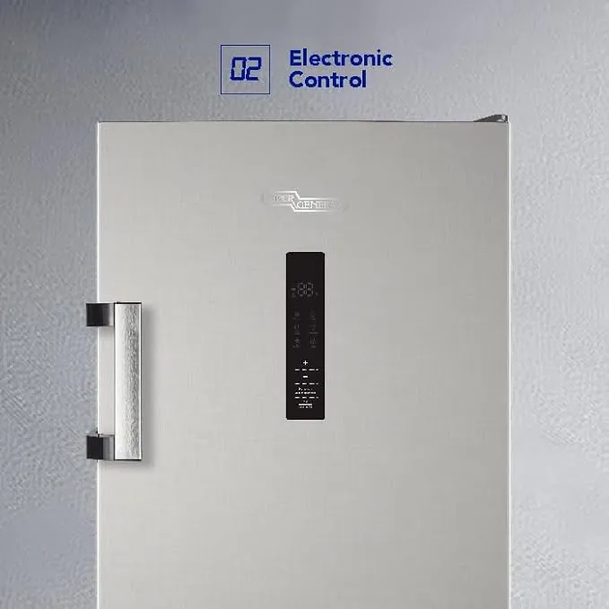 Super General 270L Upright Freezer With Inverter Compressor, No Frost Cooling, Digital Display, LED Display With Digital Control, Twist Ice Maker & Reversible Door SGUF381NFDCI Inox