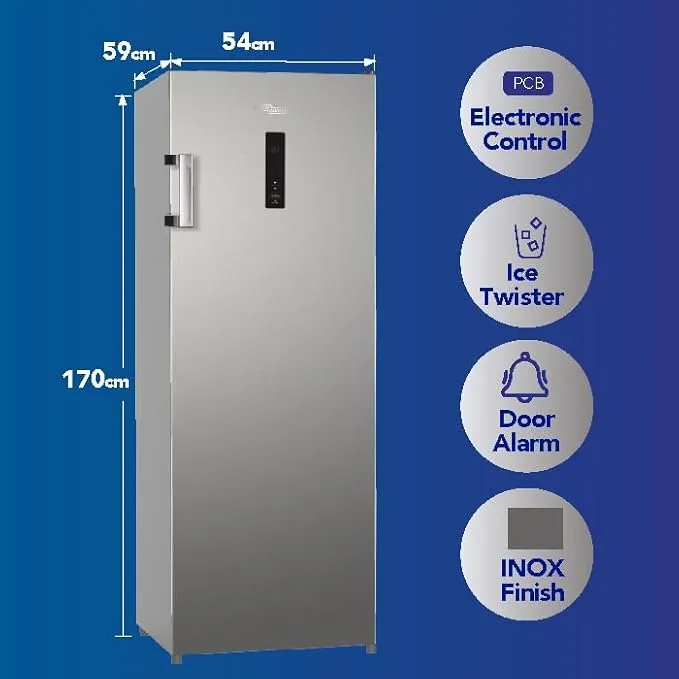 Super General 270L Upright Freezer With Inverter Compressor, No Frost Cooling, Digital Display, LED Display With Digital Control, Twist Ice Maker & Reversible Door SGUF381NFDCI Inox 4