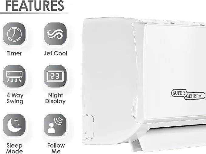 Super General 3.0 Ton (35300 BTU) Piston Split Air Conditioner With Reciprocating Compressor, T3 Climate, 4 Way Swing, Auto Restart, Turbo Mode, Gold Fin, Follow Me Function & Hidden Display SGS370CN White