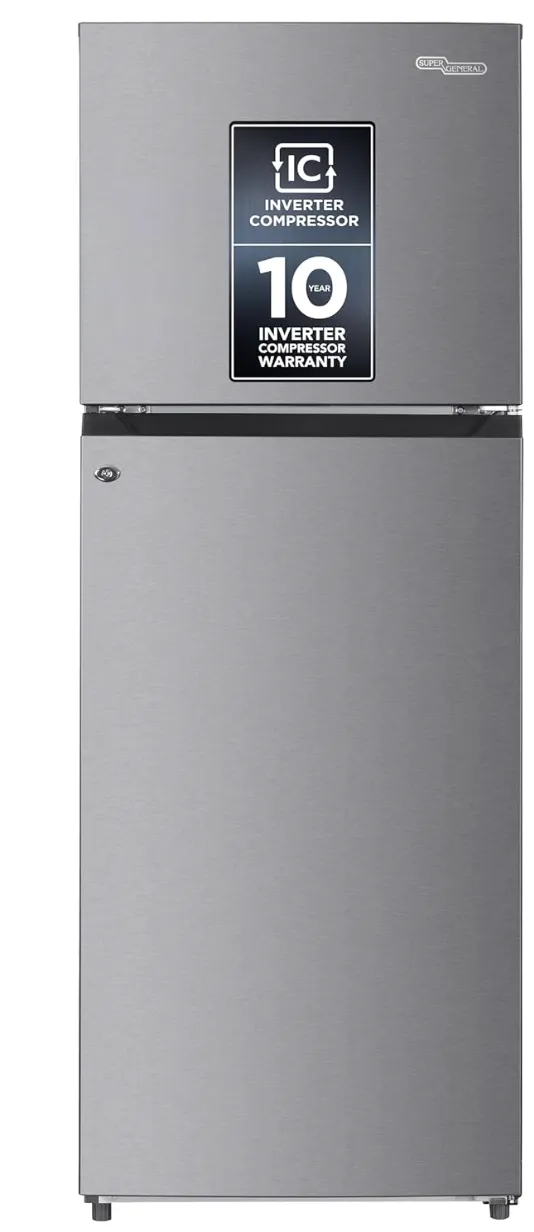 Super General 410 Liter Gross Double Door Refrigerator-Freezer SGR415IE, Inverter Compressor, No Frost, Lock & Key, Quiet Operation, LED light, W 60 x D 67 x H 170 cm, Inox,10 Year Compressor Warranty