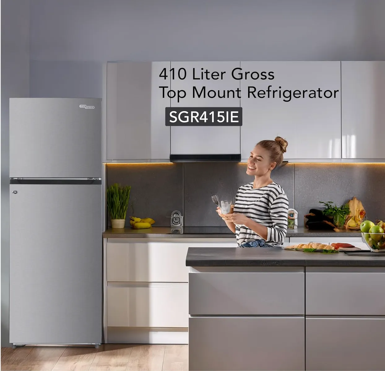 Super General 410 Liter Gross Double Door Refrigerator-Freezer SGR415IE, Inverter Compressor, No Frost, Lock & Key, Quiet Operation, LED light, W 60 x D 67 x H 170 cm, Inox,10 Year Compressor Warranty