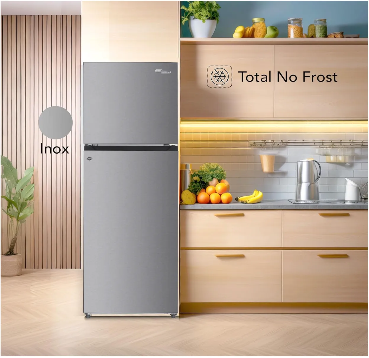 Super General 410 Liter Gross Double Door Refrigerator-Freezer SGR415IE, Inverter Compressor, No Frost, Lock & Key, Quiet Operation, LED light, W 60 x D 67 x H 170 cm, Inox,10 Year Compressor Warranty 4