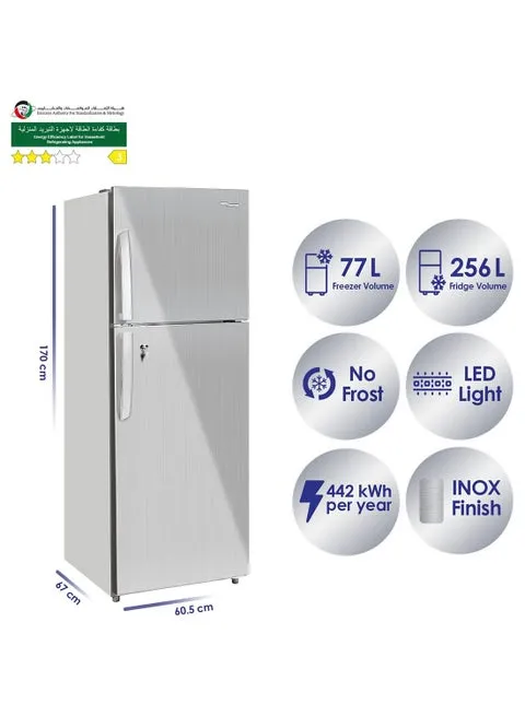 Super General 410L Gross 333L Net Capacity Double Door Top Mount Refrigerator-Freezer No Frost LED Light SGR410I Grey/Silver