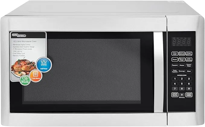 Super General 42L Microwave Oven With Grill, Digital Control, 1100W Microwave Power, 1400W Grill Power, 11 Power Levels, 7 Auto Cook Menus, Defrost Function, Memory Function, Cooking End Signal & Child Safety Lock SGMM945DGS Silver/Black