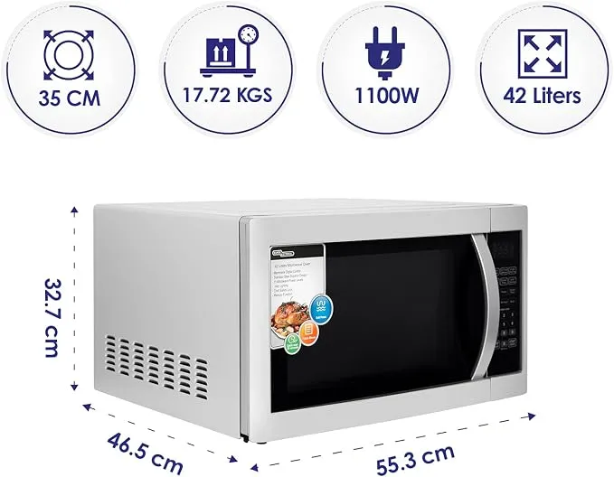 Super General 42L Microwave Oven With Grill, Digital Control, 1100W Microwave Power, 1400W Grill Power, 11 Power Levels, 7 Auto Cook Menus, Defrost Function, Memory Function, Cooking End Signal & Child Safety Lock SGMM945DGS Silver/Black