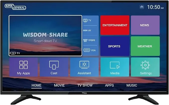 Super General 50 Inch FHD Smart LED Television With Android Smart TV, Full HD 1080p Resolution, Built-in Wi-Fi, HDMI & USB Ports, Dolby Audio, 60Hz Refresh Rate, E-Share Function & DVB-T2 Support SGLED50AS9T2 Black